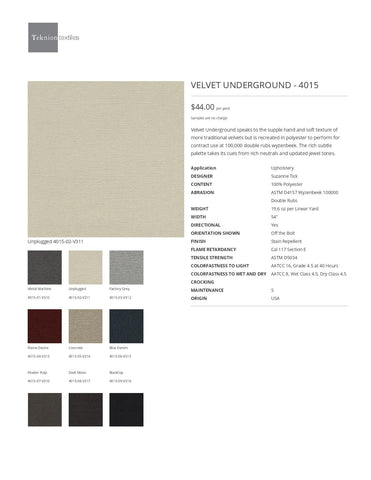 VELVET UNDERGROUND SAMPLE CARD